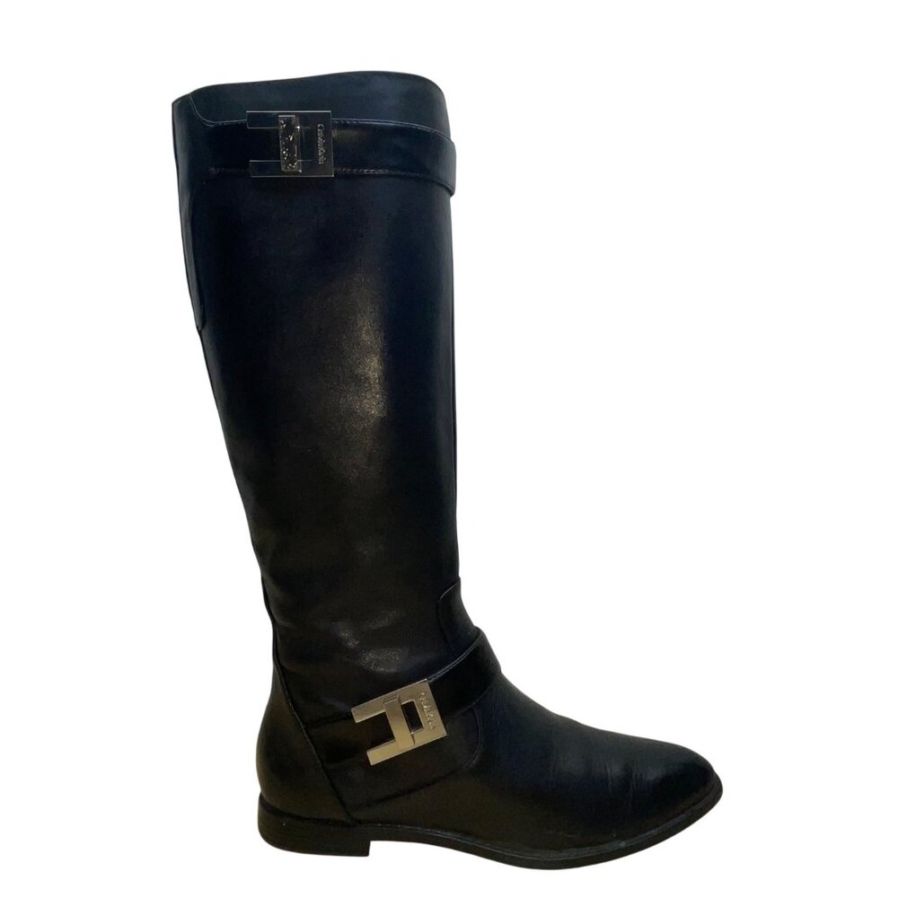 Calvin Klein Women’s Black Leather With Metal Buckles  Knee-High Boots Size 6M